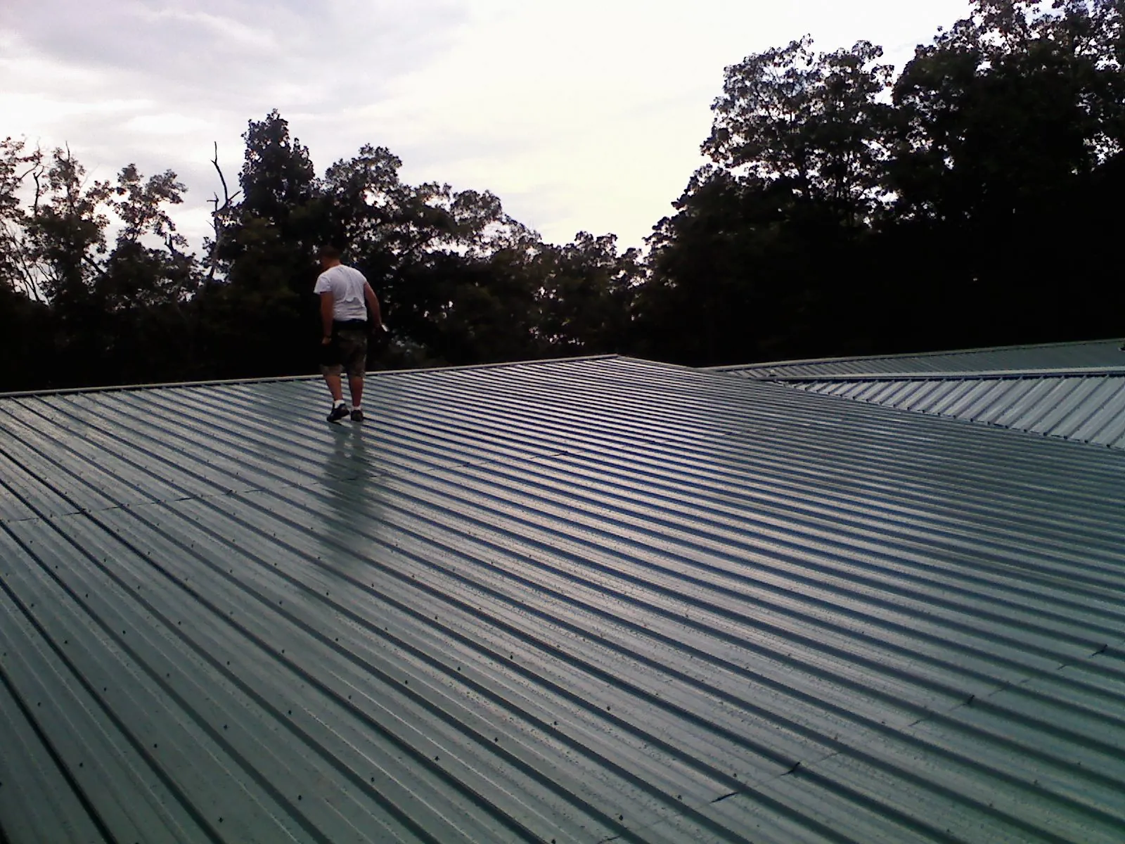Roofer walking a wide expanse of new green metal roofing in Barnwell